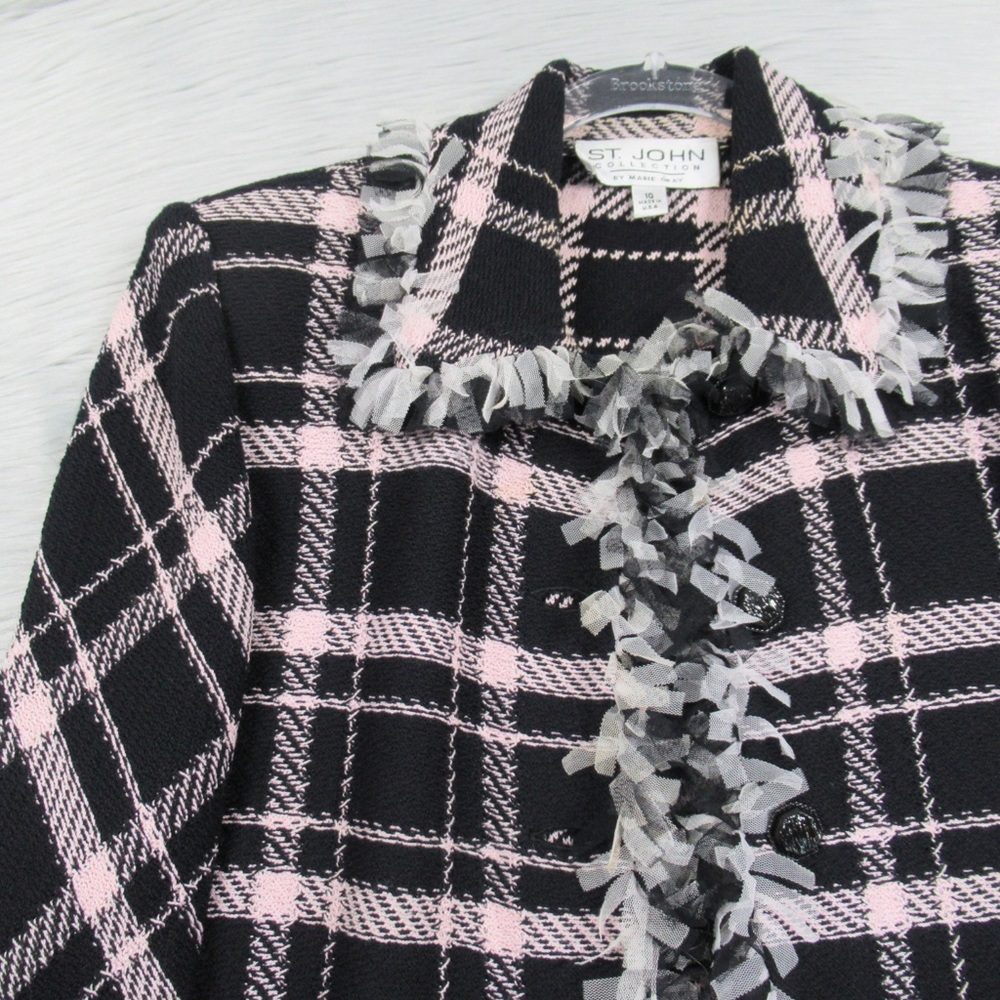 ST. JOHN Santana Knit Pink & Black Plaid Mesh-Fringe Trim Jacket Blazer Size 10 - Picture 3 of 15